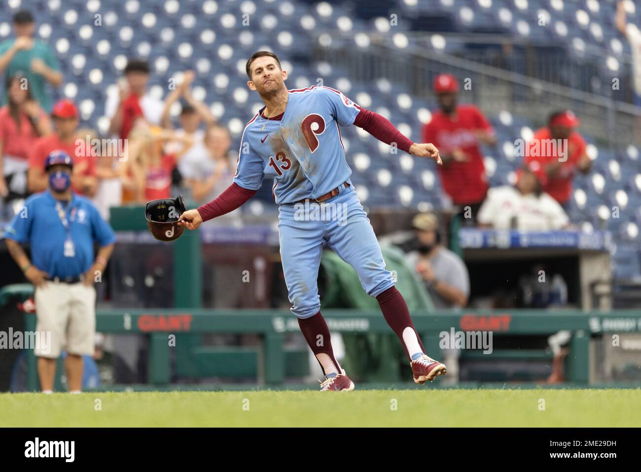 Philadelphia Phillies' Brad Miller (13) in action during a baseball game  against the Washington Nationals, Thursday, July 29, 2021, in Philadelphia.  (AP Photo/Laurence Kesterson Stock Photo - Alamy