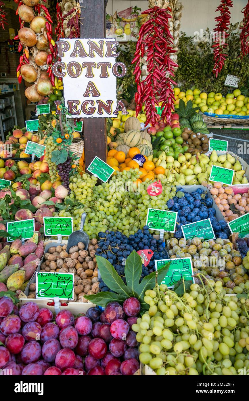 Fresh fruit for sale at fruit stand on the island of Ischia, Campania, Italy. Stock Photo