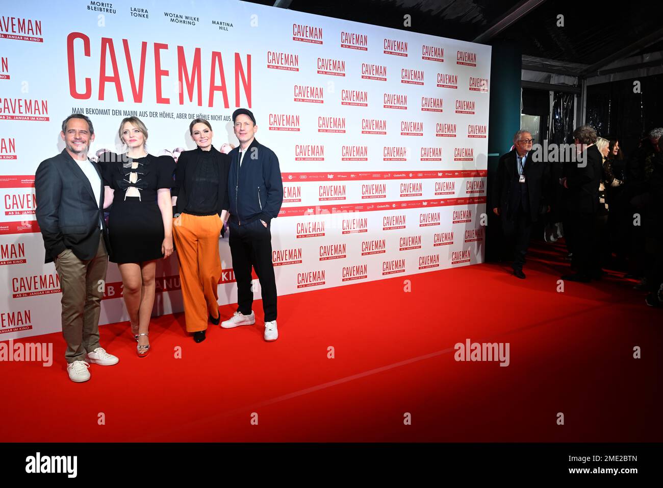 Munich, Germany. 23rd Jan, 2023. Actors Moritz Bleibtreu, (l-r) Laura Tonke, Martina Hill and Wotan Wilke Möhring show off at the premiere of the film 'Caveman' on the red carpet in the Astor Filmlounge at ARRI. Credit: Felix Hörhager/dpa/Alamy Live News Stock Photo