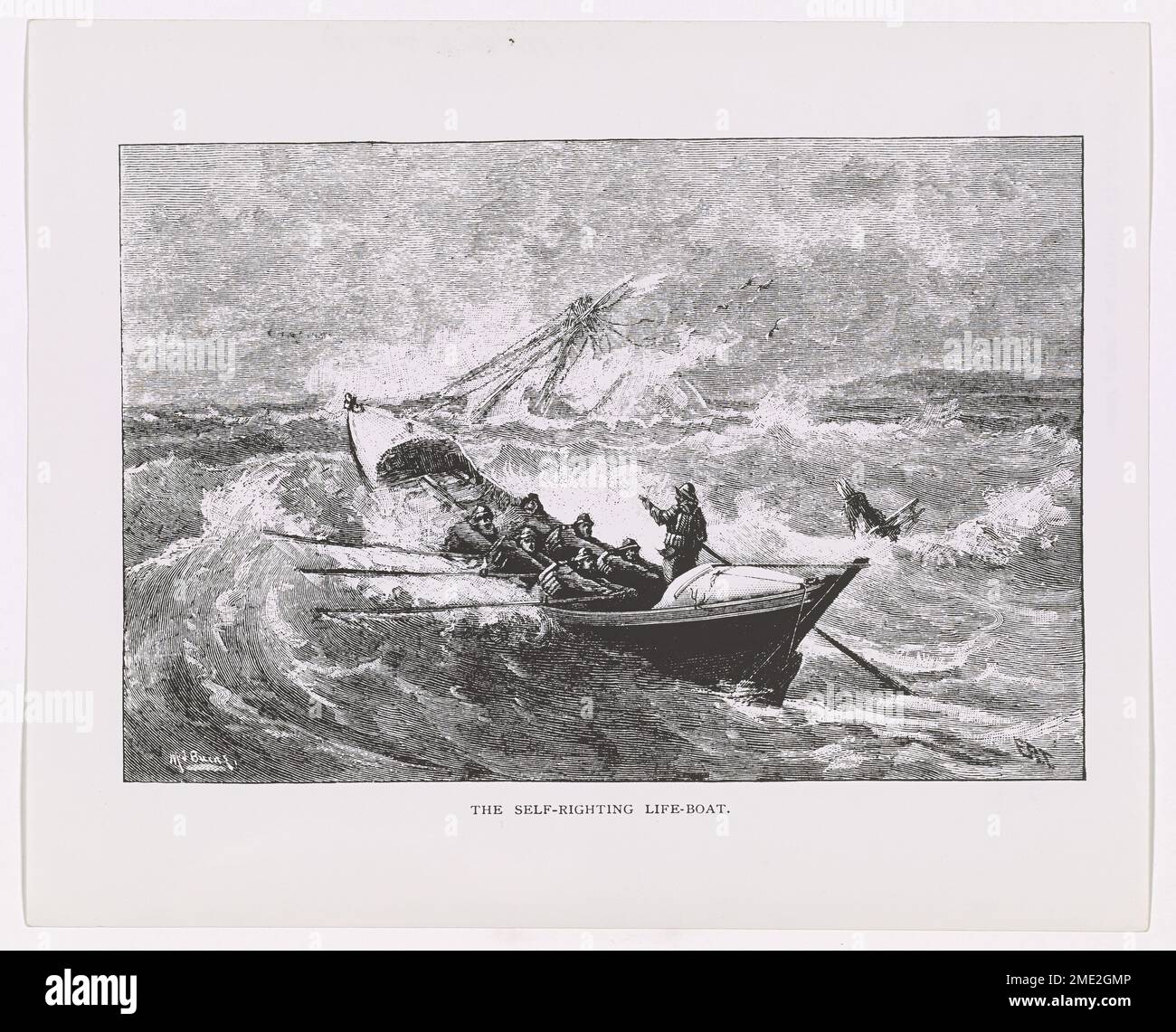 The Self-righting Lifeboat. Oldtimer Lifesavers - One of a series of sketches on the former U.S. Lifesaving Services (forerunner of the U.S. Coast Guard), by M. J. Burns c. 1879 and c. 1900, published in the Old Harper's Weeklies. In some of the sketches there appear other initials in addition to Burns' name. Sketch from Old Harper's Weekly 'The Self-righting Lifeboat' going to rescue sinking vessel used by U.S. Lifesaving Service. Stock Photo