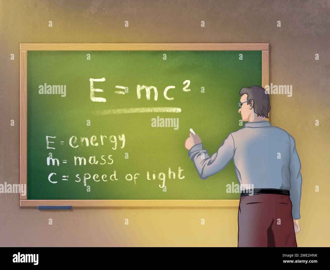 Professor showing the relativity formula on a chalkboard. Digital illustration. Stock Photo