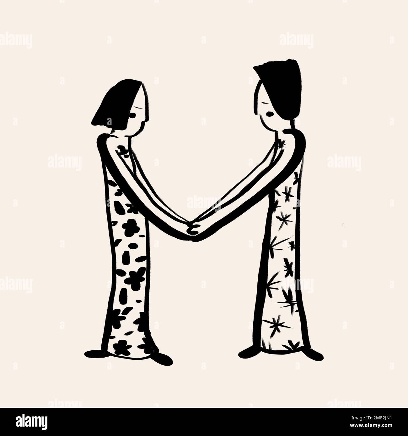 Alphabet letter M made with black simple ink drawings of couple holding