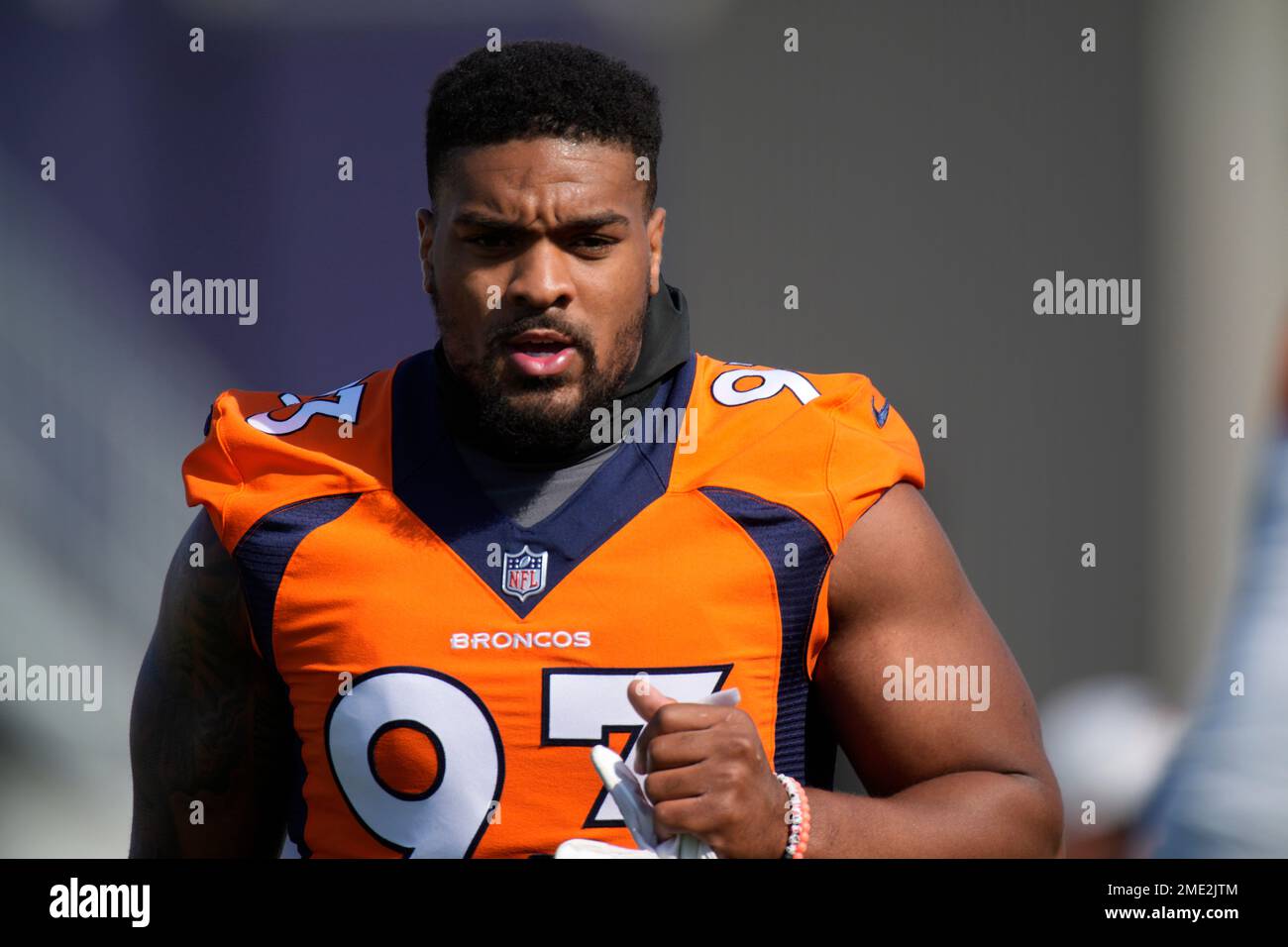 Denver Broncos defensive end Dre'Mont Jones takes part in drills during an  NFL football training camp session at the team's headquarters Tuesday, Aug.  9, 2022, in Centennial, Colo. (AP Photo/David Zalubowski Stock