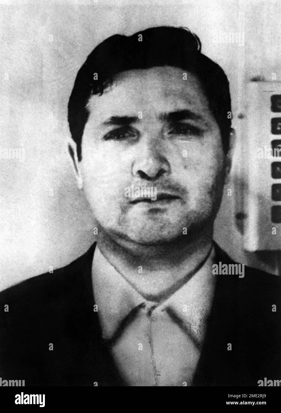 1960 ca, Corleone,  ITALY : The Mafia Boss SALVATORE Totò RIINA ( 1930 - 2017 ), aka U CURTU of Clan dei Corleonesi , italian COSA NOSTRA Mafioso . Was a Sicilian Mafia boss from Corleone ( Palermo ) . Author of hundreds of murders from the 70s to the 90s, as well as being directly responsible for some of the most serious bloodshed of Cosa Nostra . Was married with Antonietta Bagarella , sister of mafioso Leoluca Bagarella ( born 3 february 1942 ). In this image a photoboth mugshot diffused by the italian Police in 1960 ca when Riina was  young . Unknown photographer . DIGITALLY RESTORED . - Stock Photo