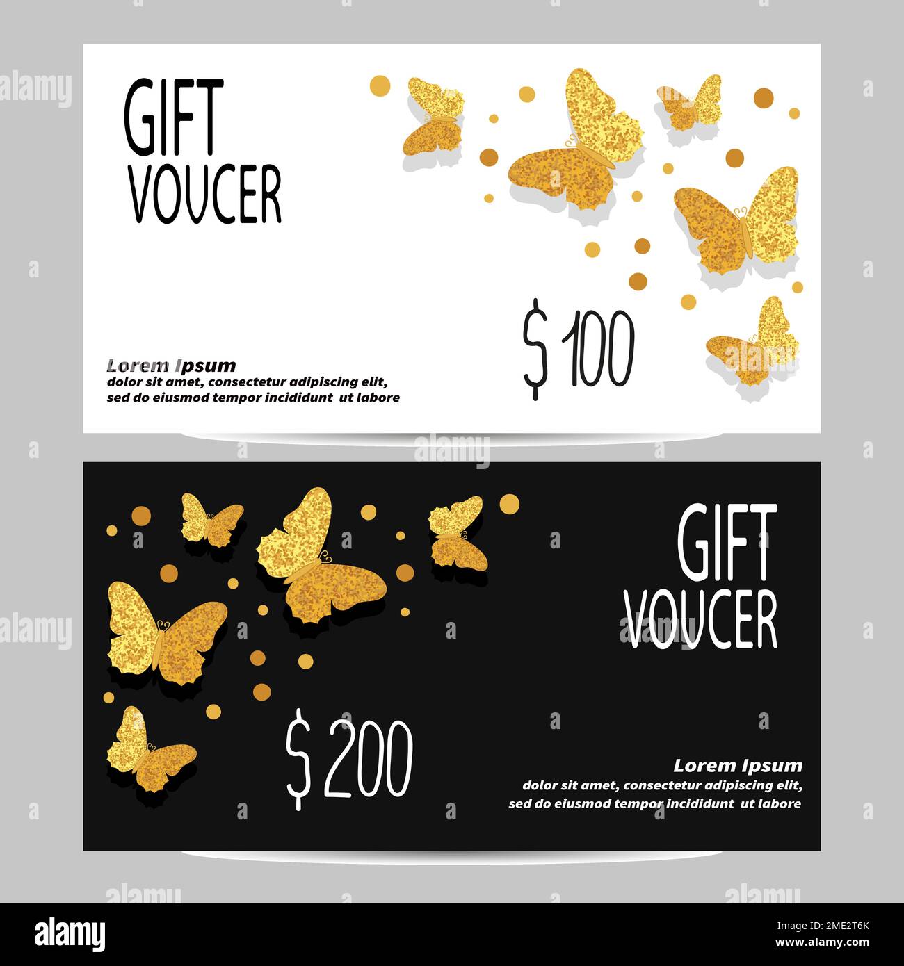 Gift voucher template with beautiful golden glittering butterflies
