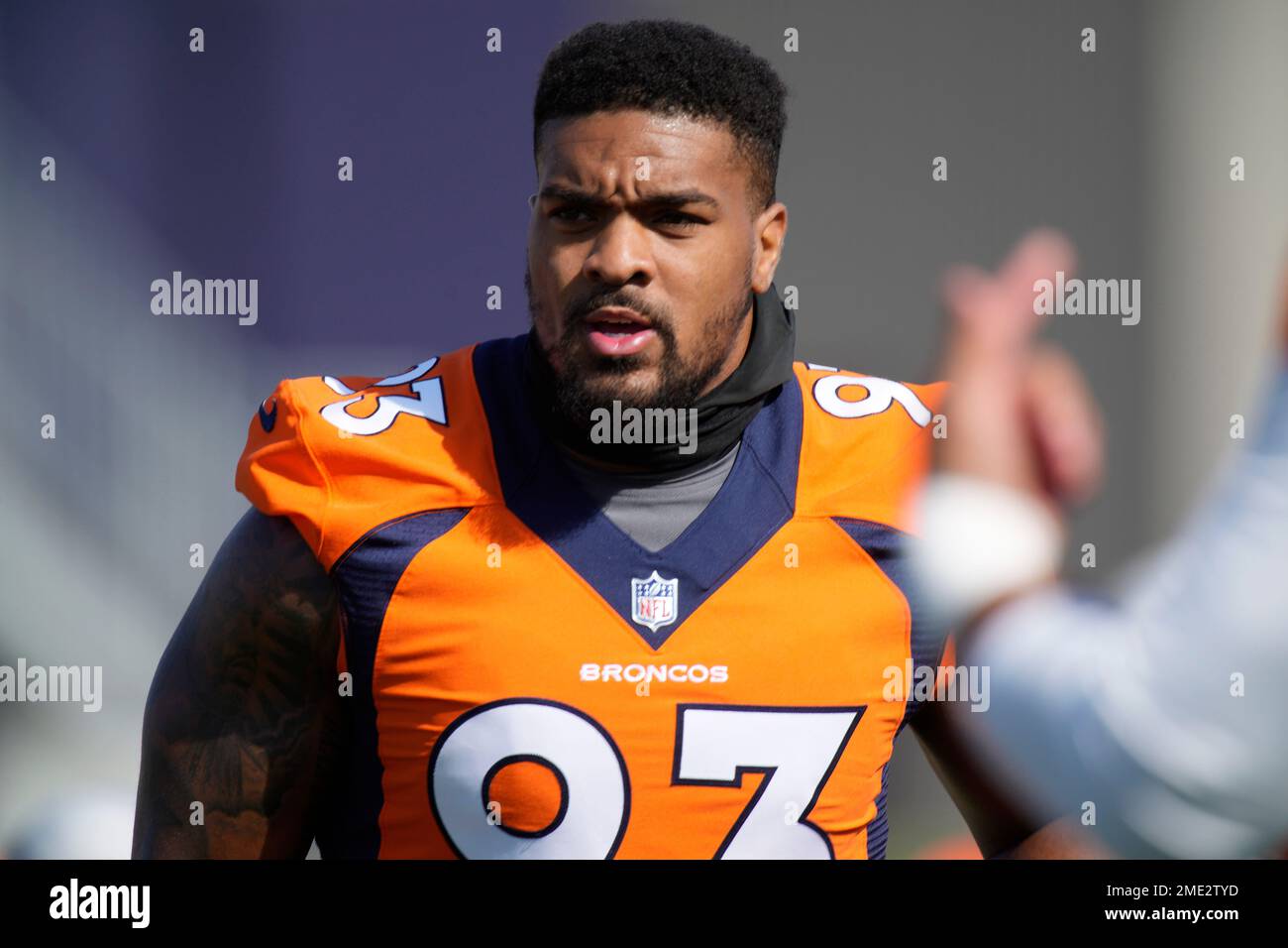 Denver Broncos defensive end Dre'Mont Jones takes part in drills during an  NFL football training camp session at the team's headquarters Tuesday, Aug.  9, 2022, in Centennial, Colo. (AP Photo/David Zalubowski Stock