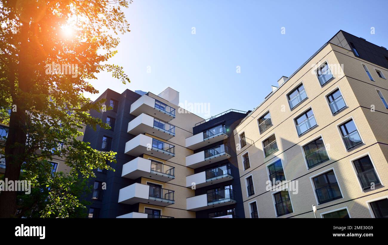 View of Modern residential building with new apartments in a green residential ...