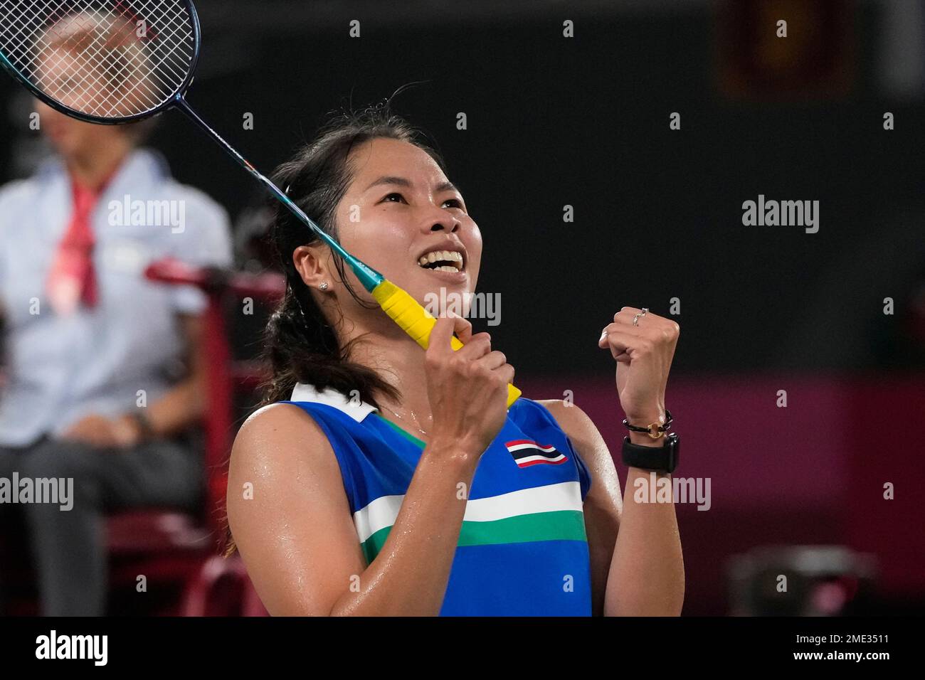 Thailands Ratchanok Intanon celebrates after beating Indonesias Gregoria Mariska Tunjung during their womens singles round of