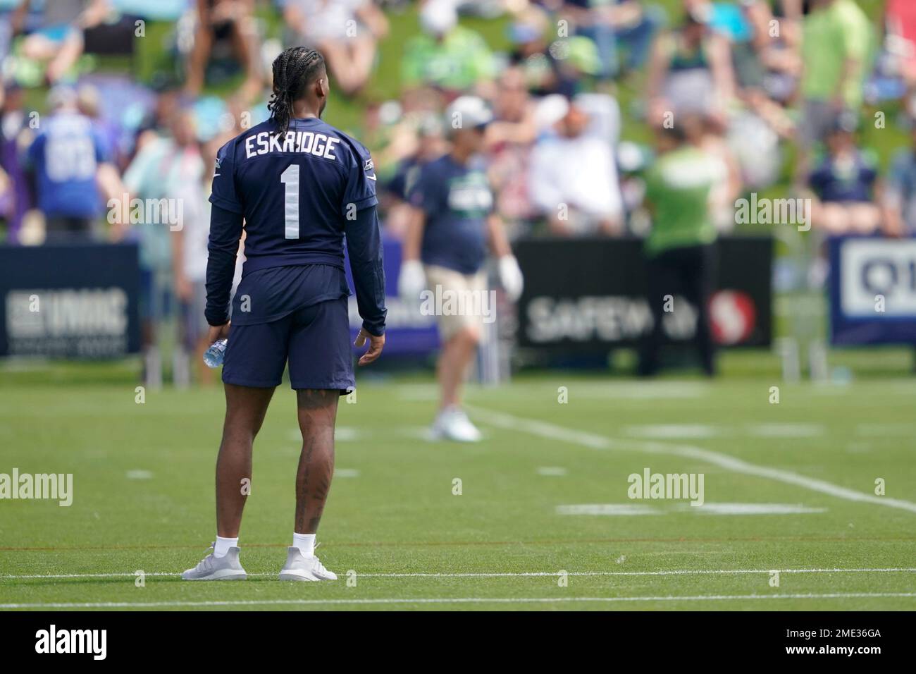 Rookie Seattle Seahawks wide receiver D'Wayne Eskridge (1) stands on the  field during NFL football practice Wednesday, July 28, 2021, in Renton,  Wash. (AP Photo/Ted S. Warren Stock Photo - Alamy