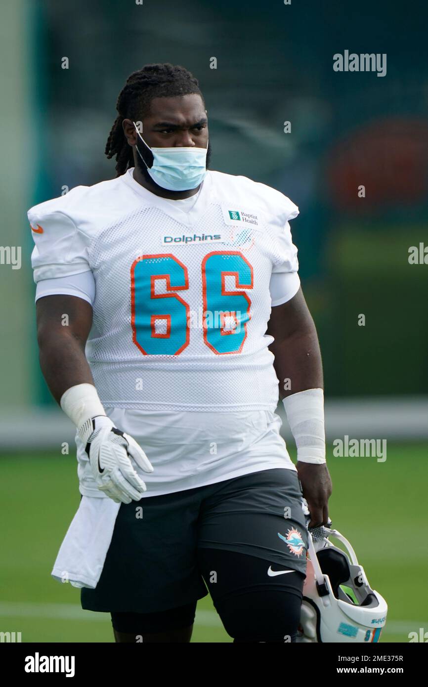 Miami Dolphins guard Solomon Kindley walks onto the field during