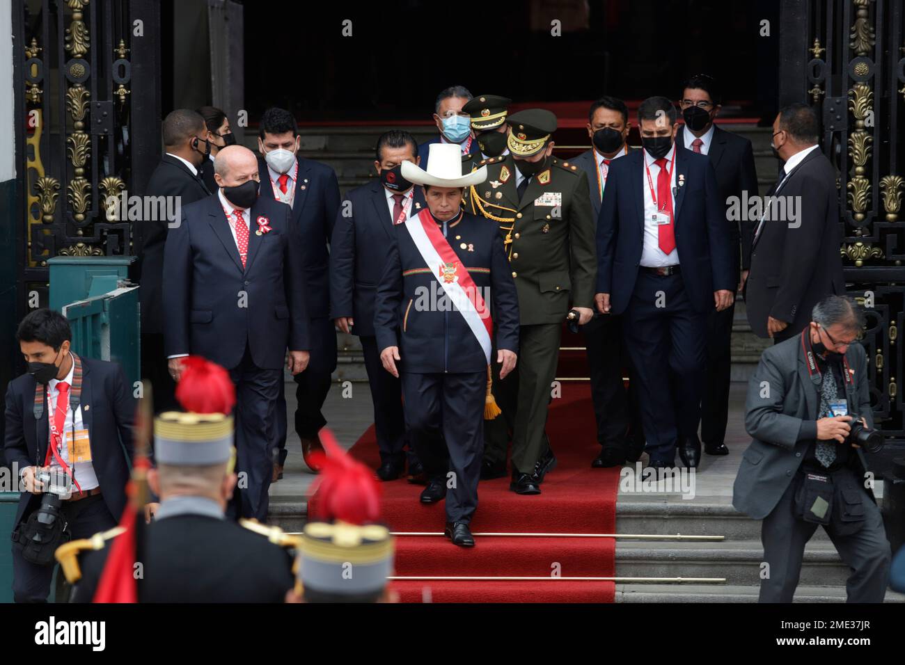 Peru's newly sworn-in President Pedro Castillo exits Congress on his ...