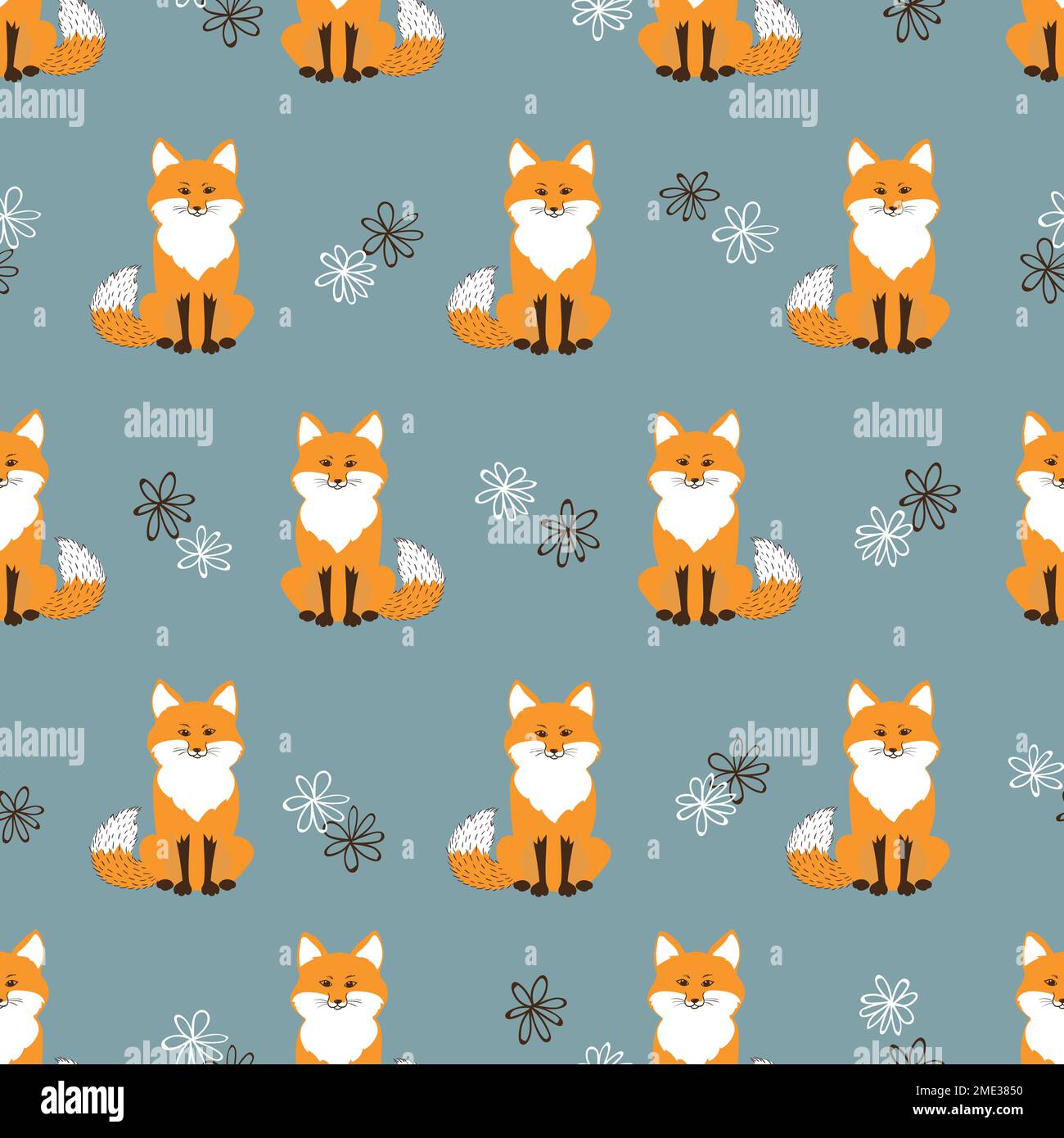 Seamless pattern with cute cartoon foxes on blue. Vector background. Stock Vector