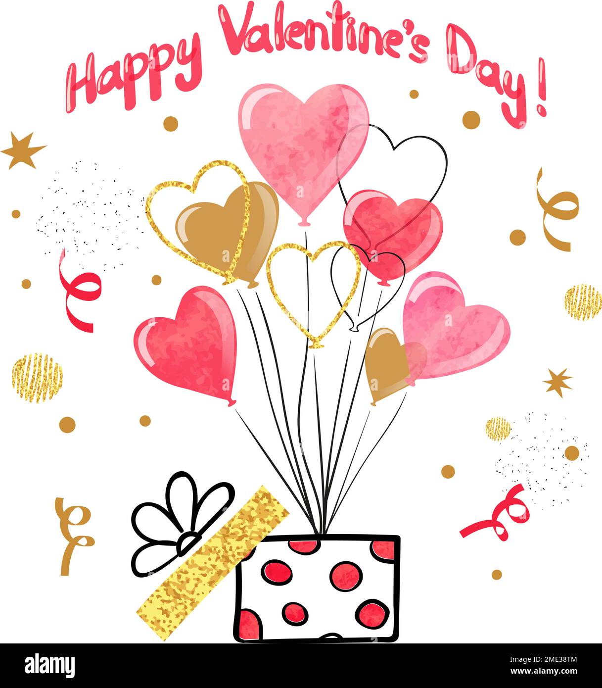 Valentines day card design with watercolor heart balloons. Vector ...