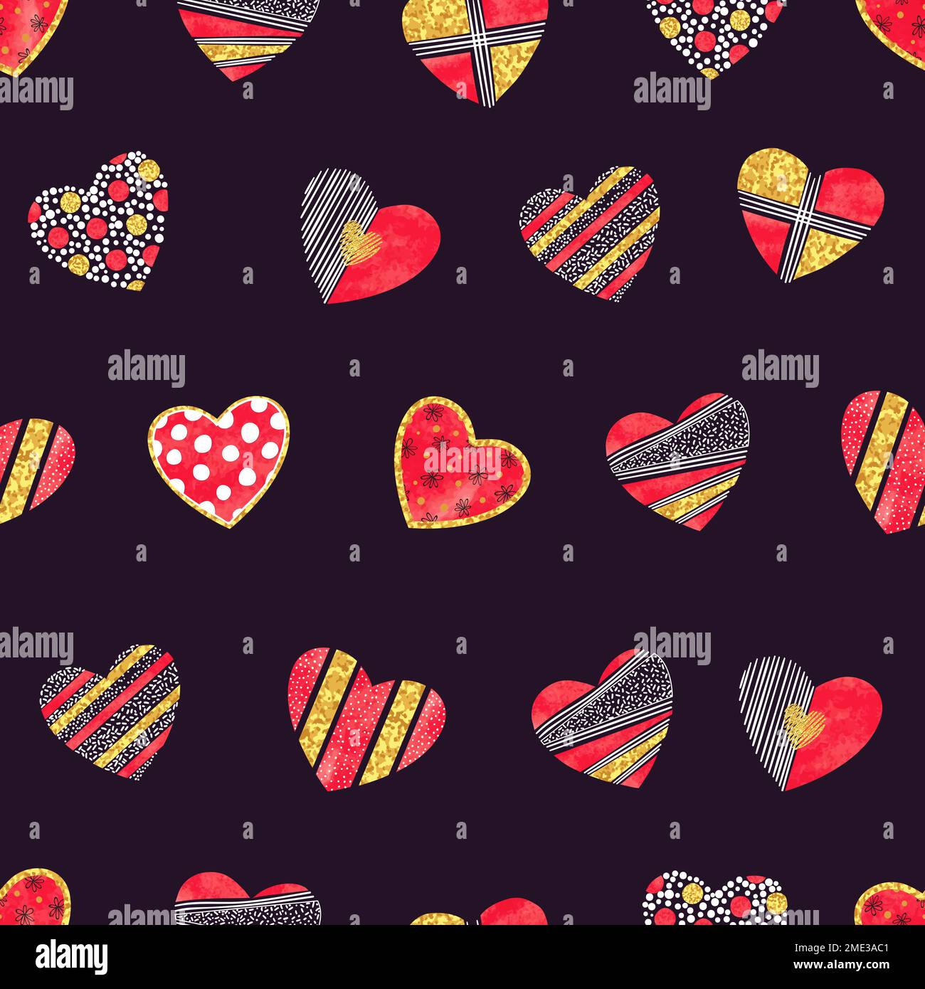 Valentines day background with patterned hearts. Vector romantic seamless pattern. Stock Vector