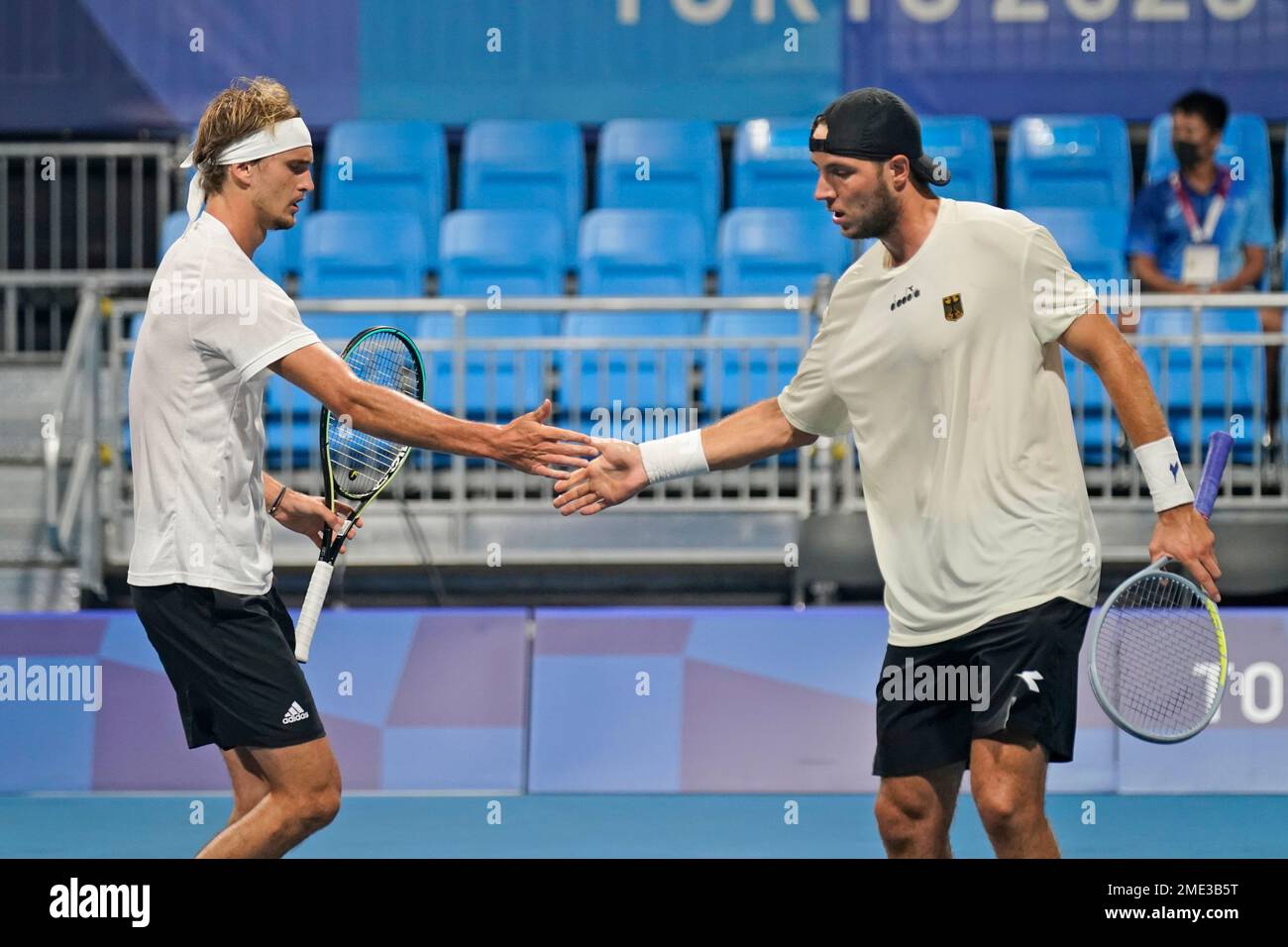 The German doubles team of JanLennard Struff, right, and Alexander Zverev celebrate during the