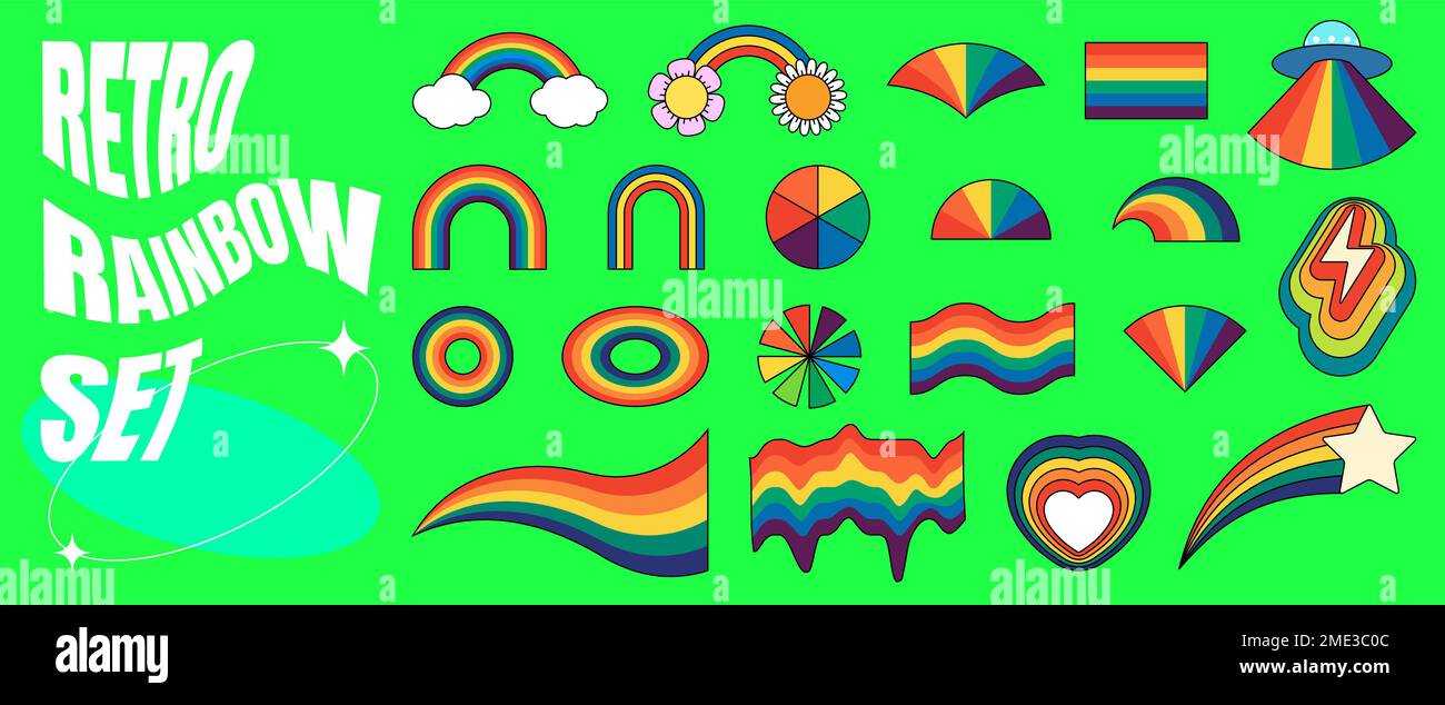 Retro rainbow hipster set. Psychedelic hippie style rainbows collection. Vintage hippy style crazy various abstract iridescent arch. Trendy pop culture colorful bright design elements. Vector eps Stock Vector