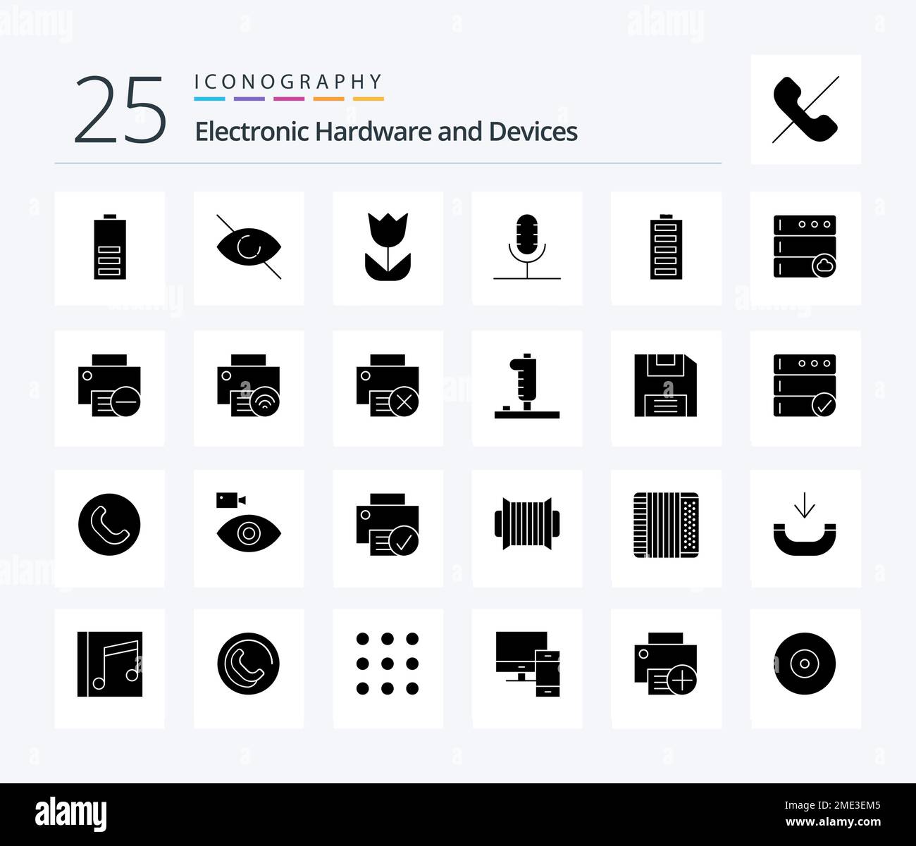 Devices 25 Solid Glyph icon pack including battery. microphone. camera. mic. audio Stock Vector