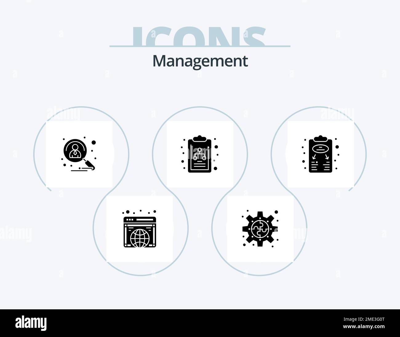 Management Glyph Icon Pack 5 Icon Design. business plan. diagram. puzzle. chart. recruitment Stock Vector