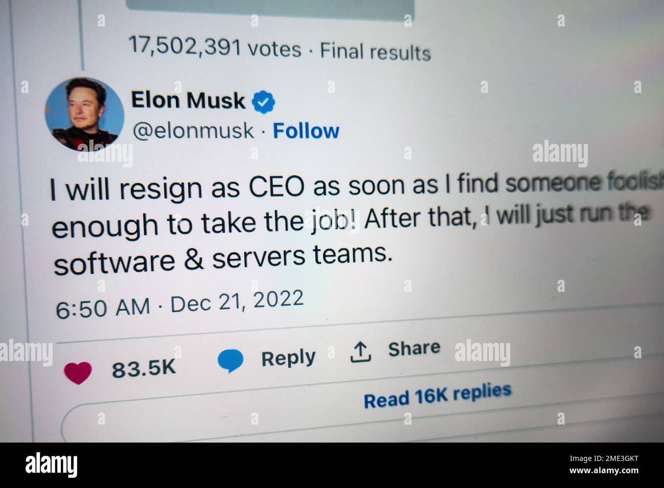Elon Musk the owner of twitter abides by poll result to resign as CEO Stock Photo