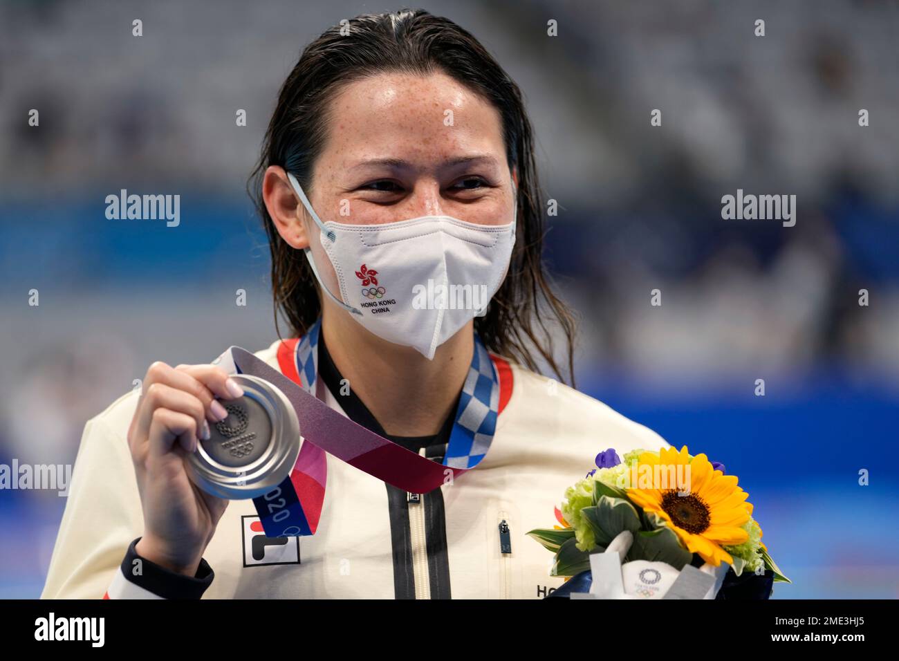 Siobhan Bernadette Haughey of Hong Kong poses with her silver medal