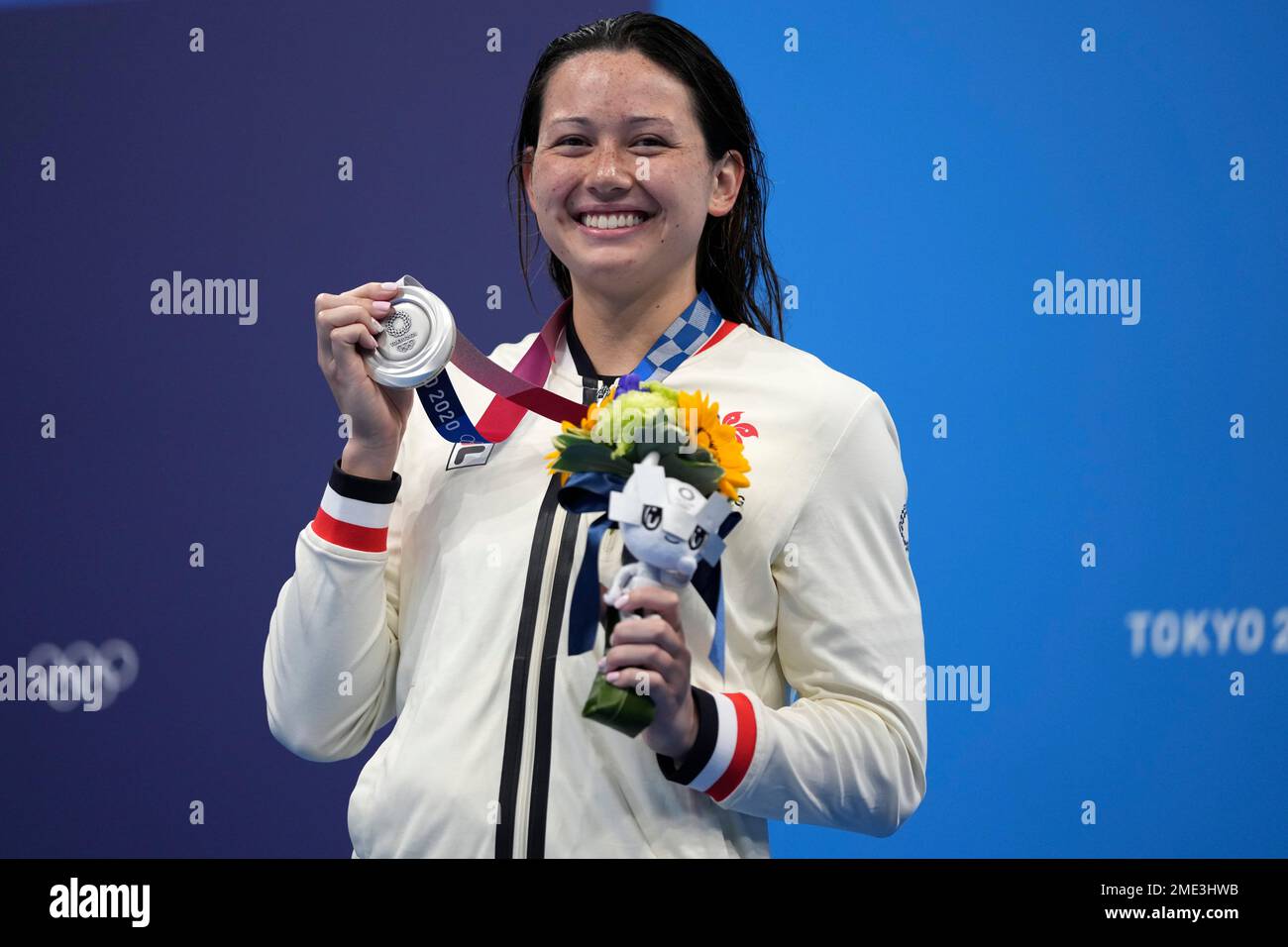 Siobhan Bernadette Haughey of Hong Kong holds up her silver medal from