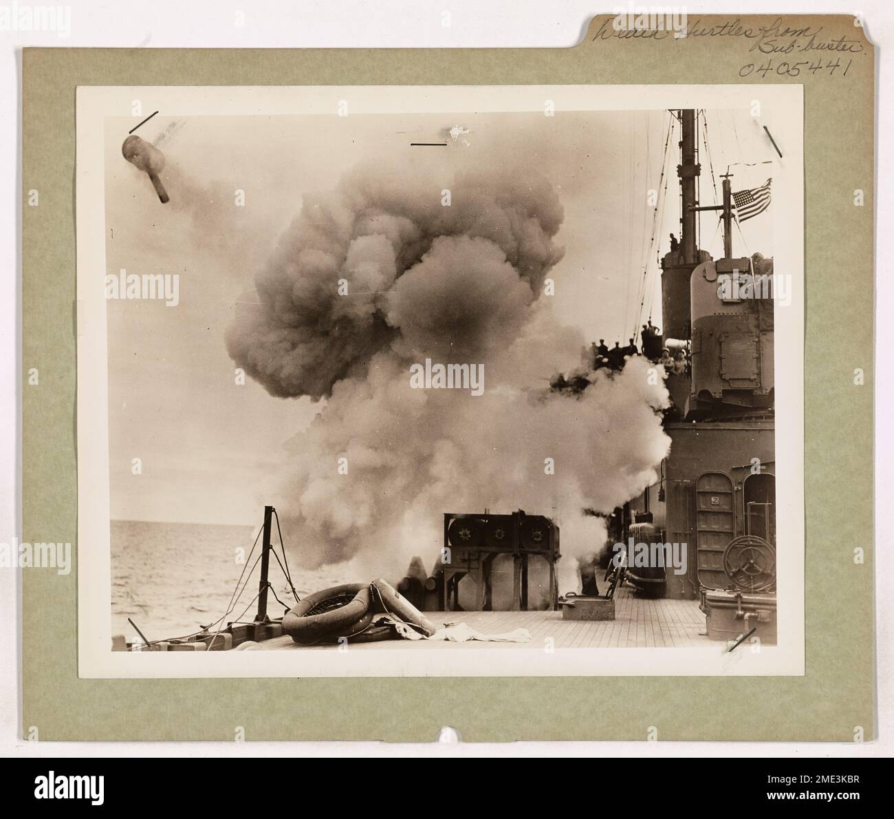 This image captures a U S Coast Guard K gun launching a depth charge This image captures a U S Coast Guard K gun launching a depth charge