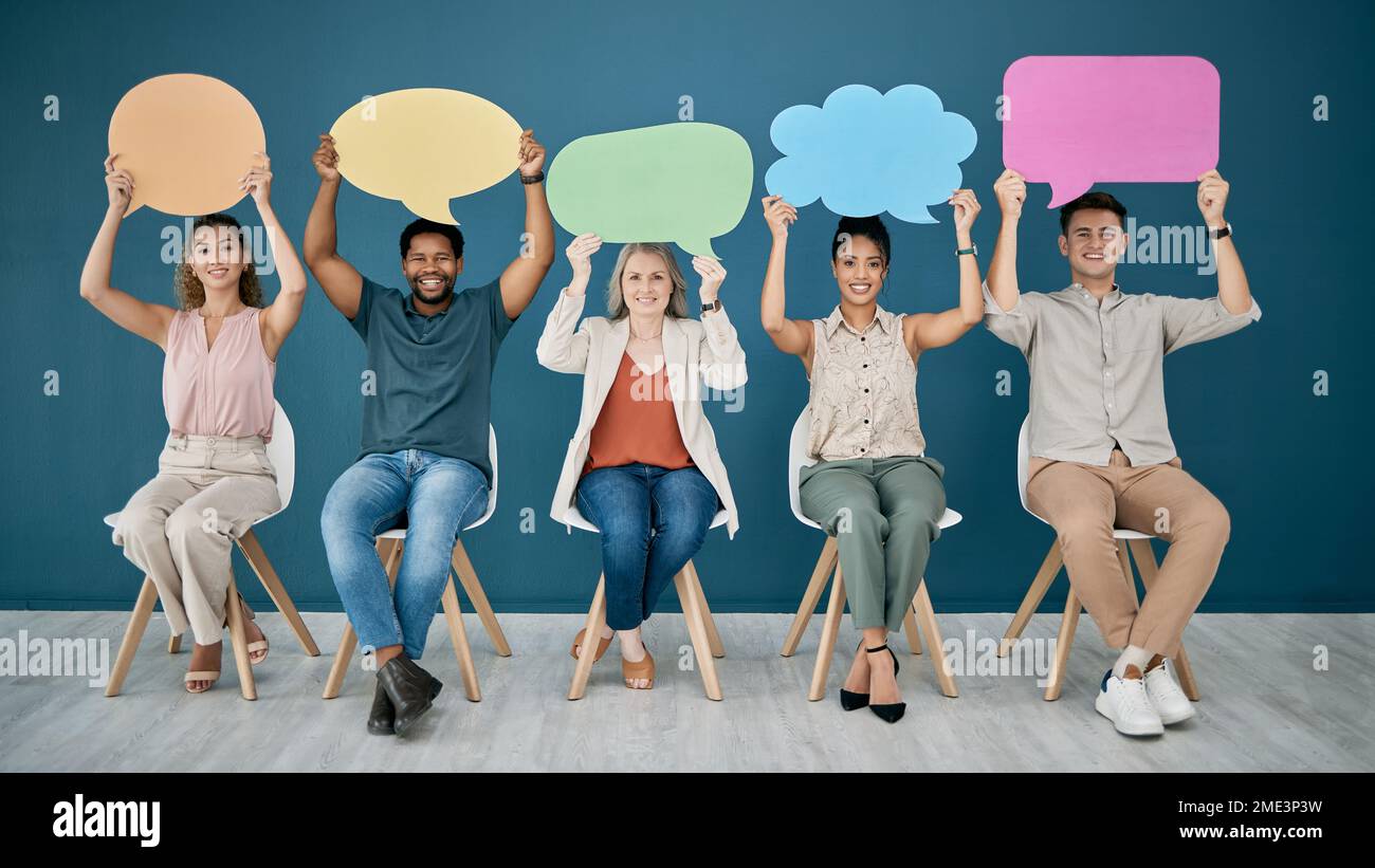 Portrait, diversity and business people with speech bubble