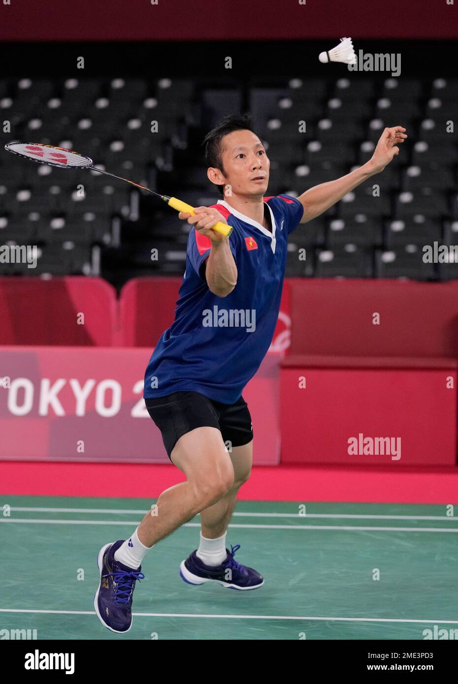Vietnams Tien Minh Nguyen competes against Ade Resky Dwicahyo of Azerbaijan during mens singles group play stage Badminton match at the 2020 Summer Olympics, Tuesday, July 27, 2021, in Tokyo, Japan