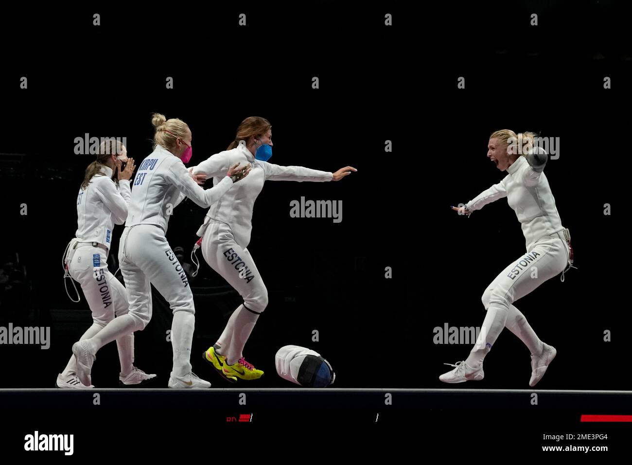 Estonia Epee team celebrate winning the gold medal against South Korea