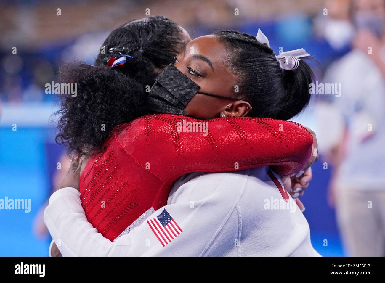 Simone Biles, of the United States, embraces teammate Jordan Chiles