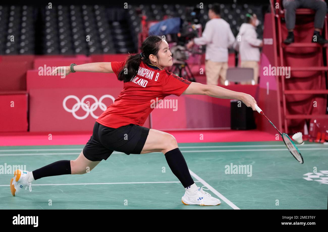 Busanan Ongbamrungphan of Thailand competes against Estonias Kristin Kuuba during womens singles group play stage Badminton match at the 2020 Summer Olympics, Tuesday, July 27, 2021, in Tokyo, Japan