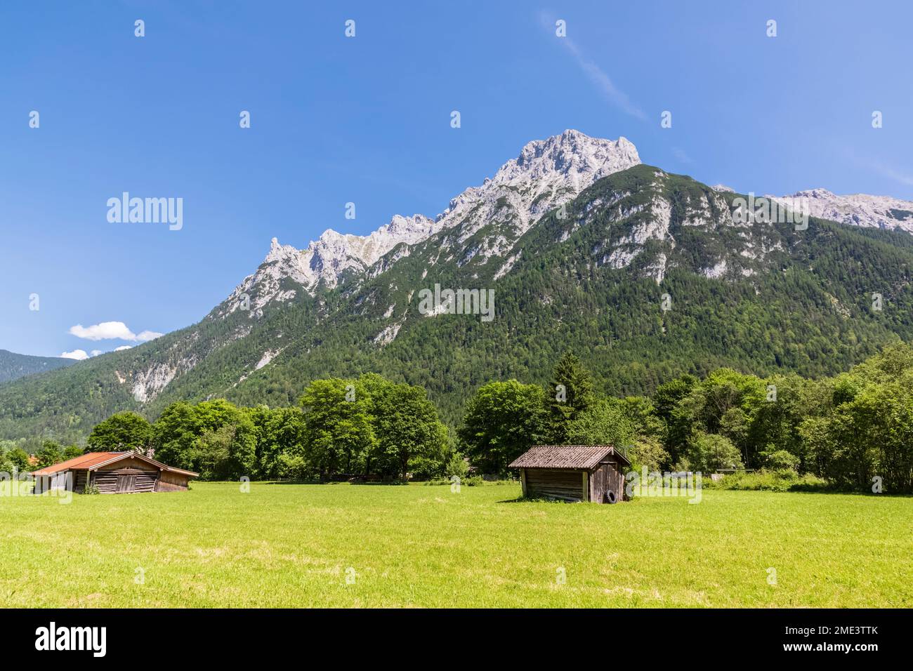 Germany, Bavaria, Huts in Karwendel Mountains Stock Photo