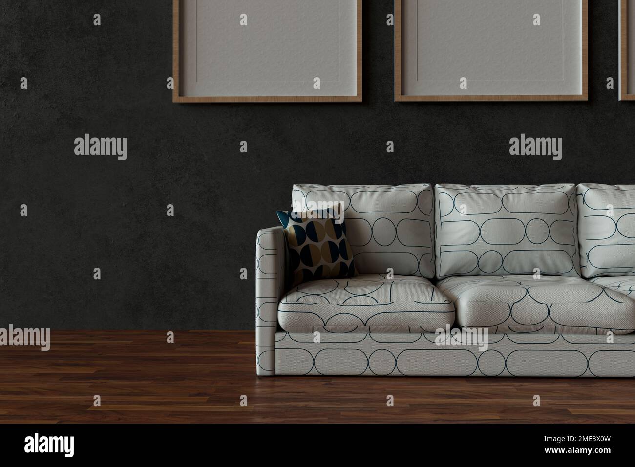 Three dimensional render of white sofa with empty picture frames hanging behind Stock Photo