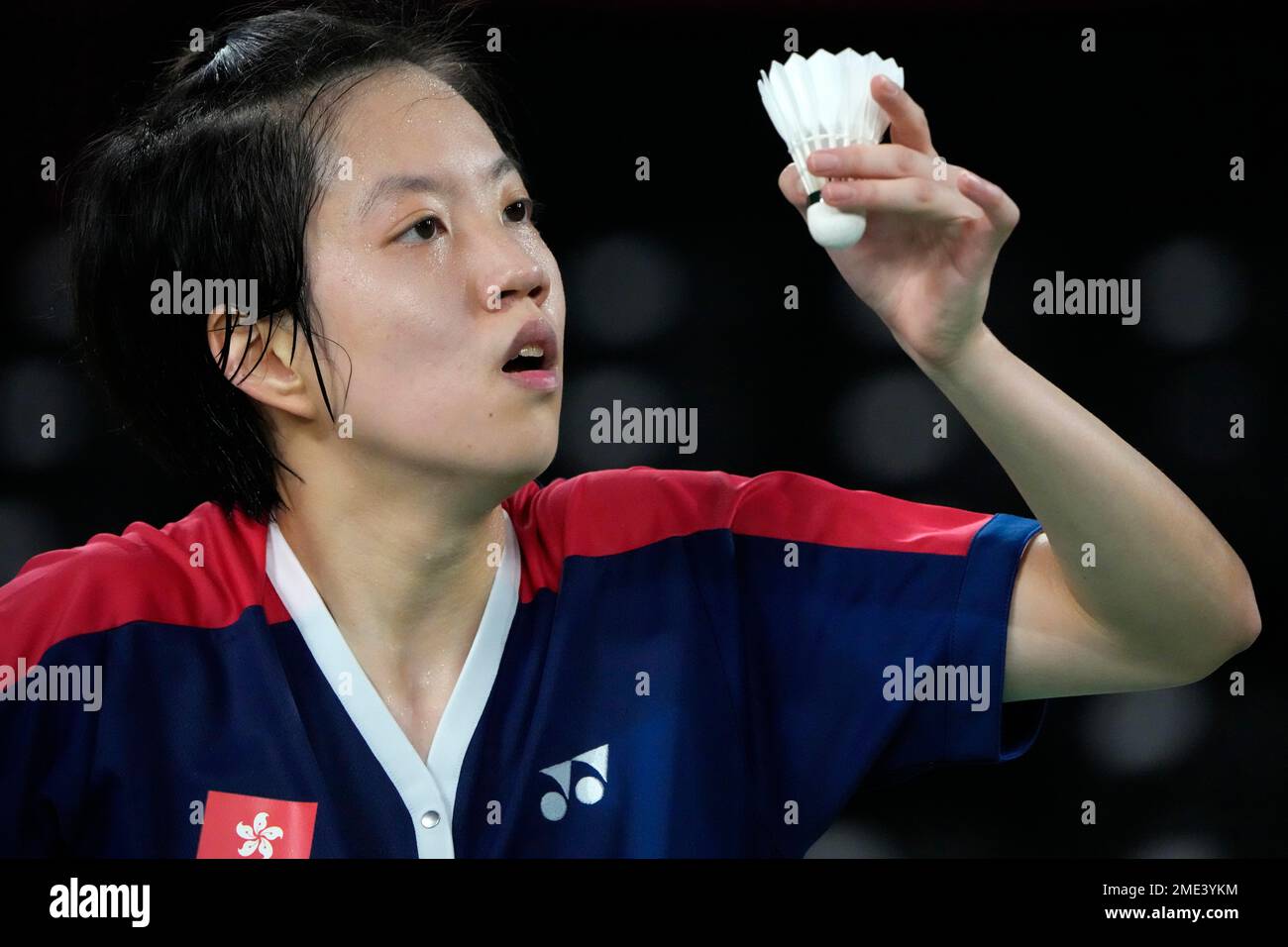 Hong Kong's Cheung Ngan Yi plays a serve against Israel's Ksenia