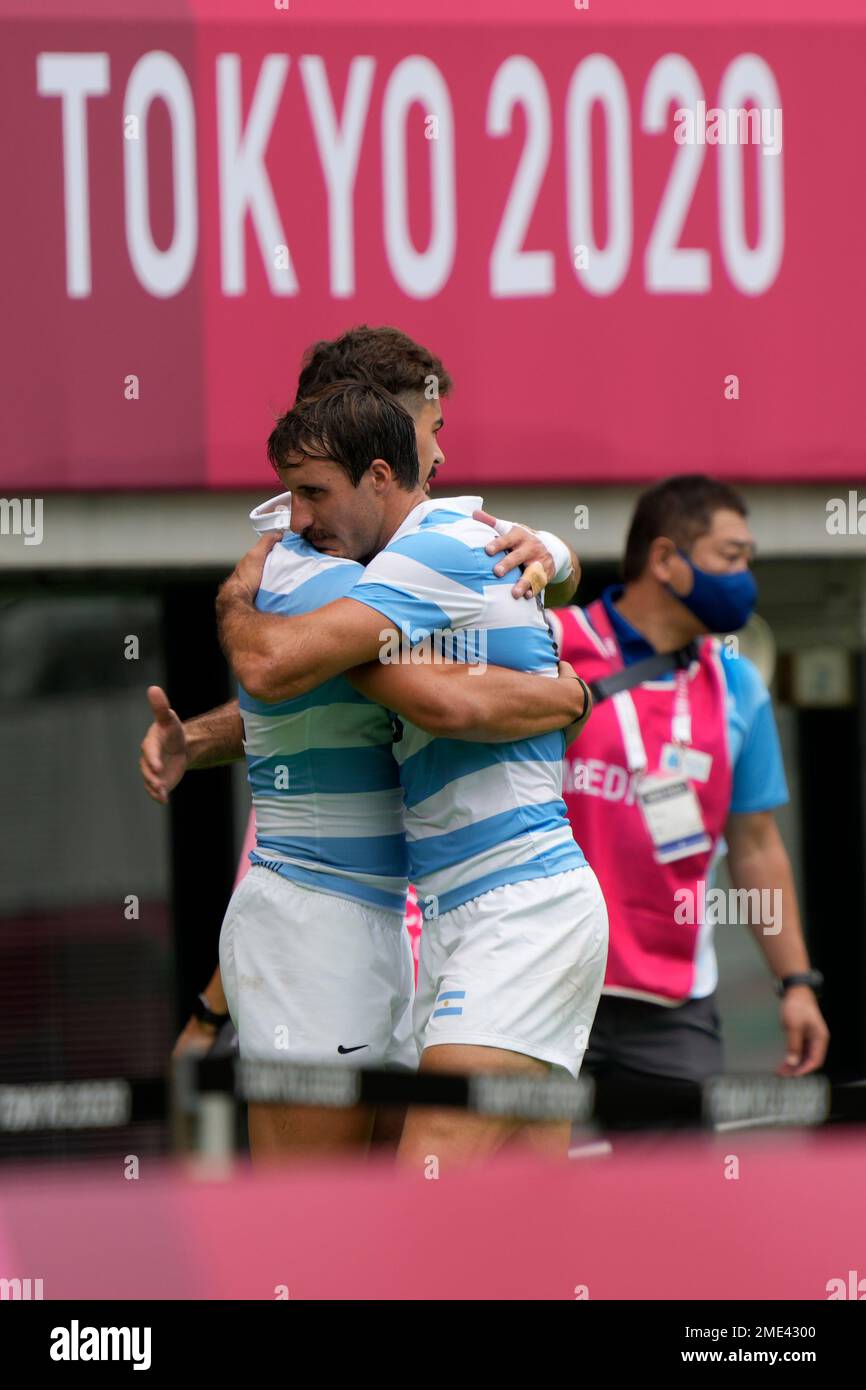 Argentina's Felipe del Mestre, right, hugs teammate Ignacio Mendy