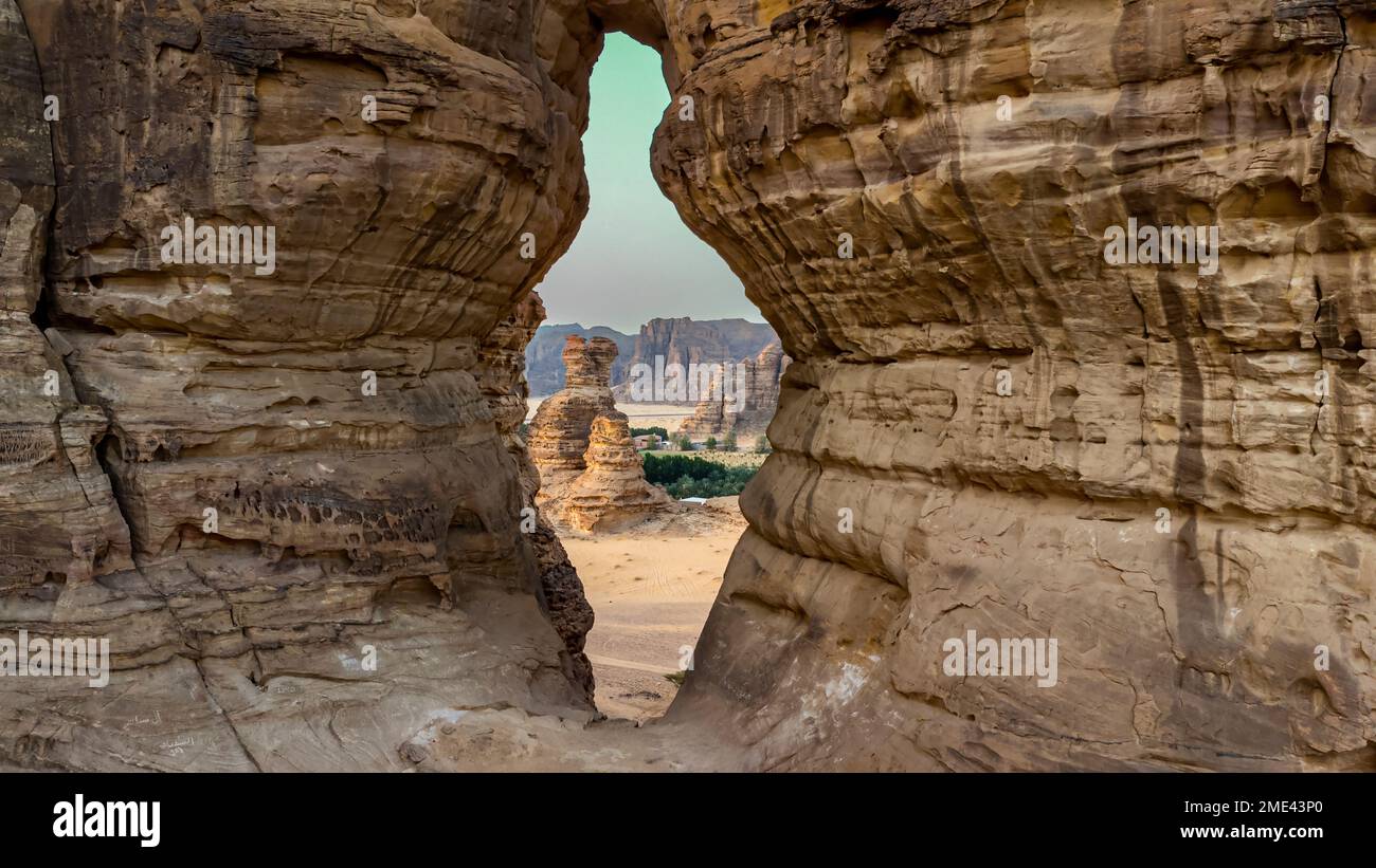 Saudi Arabia, Al-Ula, Hole in eroded rock formation Stock Photo