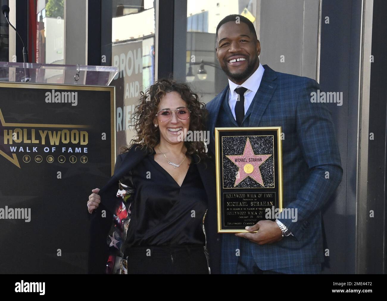 Los Angeles, United States. 23rd Jan, 2023. TV personality and former NFL player Michael Strahan is joined by Constance Schwartz during an unveiling ceremony honoring him with the 2,744th star on the Hollywood Walk of Fame on Monday, January 23, 2023. Photo by Jim Ruymen/UPI Credit: UPI/Alamy Live News Stock Photo
