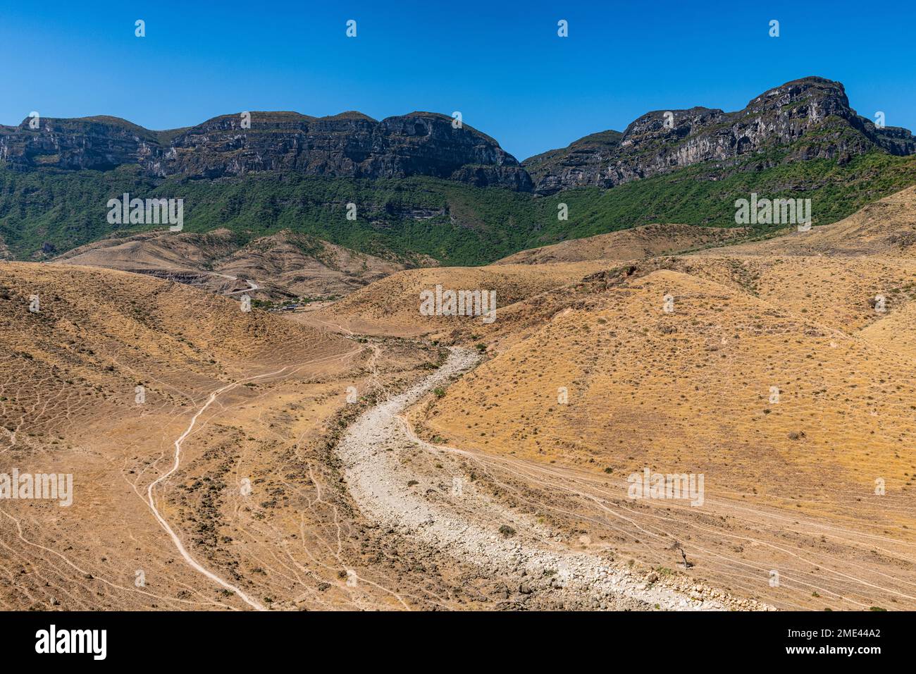 Oman, Dhofar, Salalah, Dry riverbed with cliffs in background Stock Photo