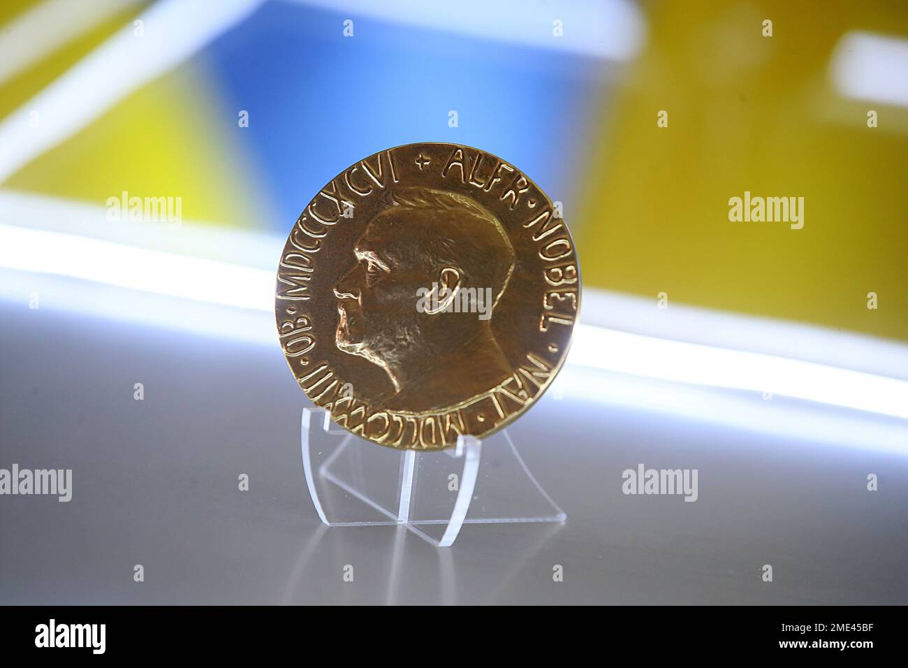 KYIV, UKRAINE - JANUARY 23, 2023 - The Nobel Peace Prize Medal won by the Center for Civil Liberties (CCL) in 2022 is on display during the honorary l Stock Photo