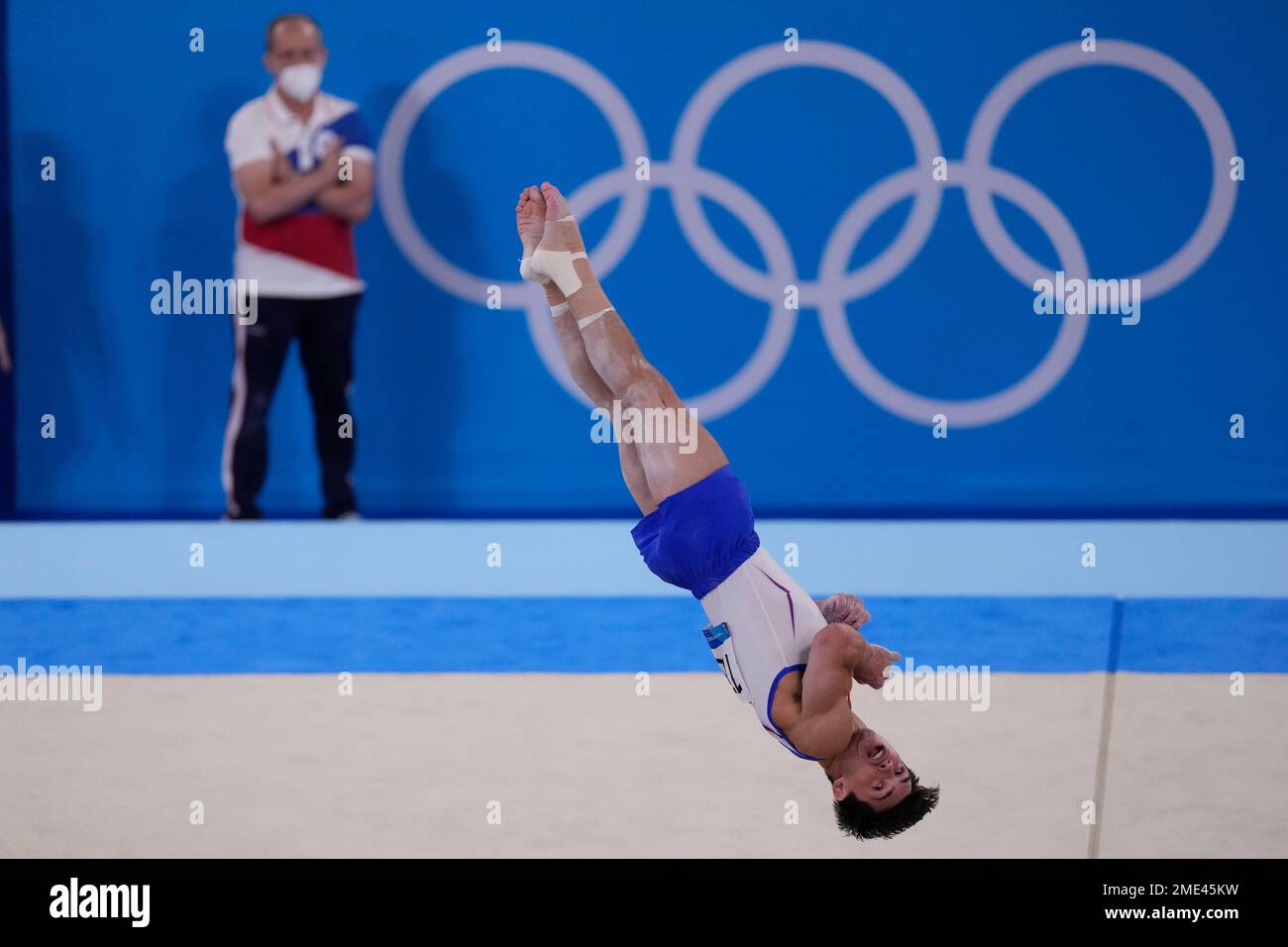 Artur Dalaloyan, of the Russian Olympic Committee, performs on the