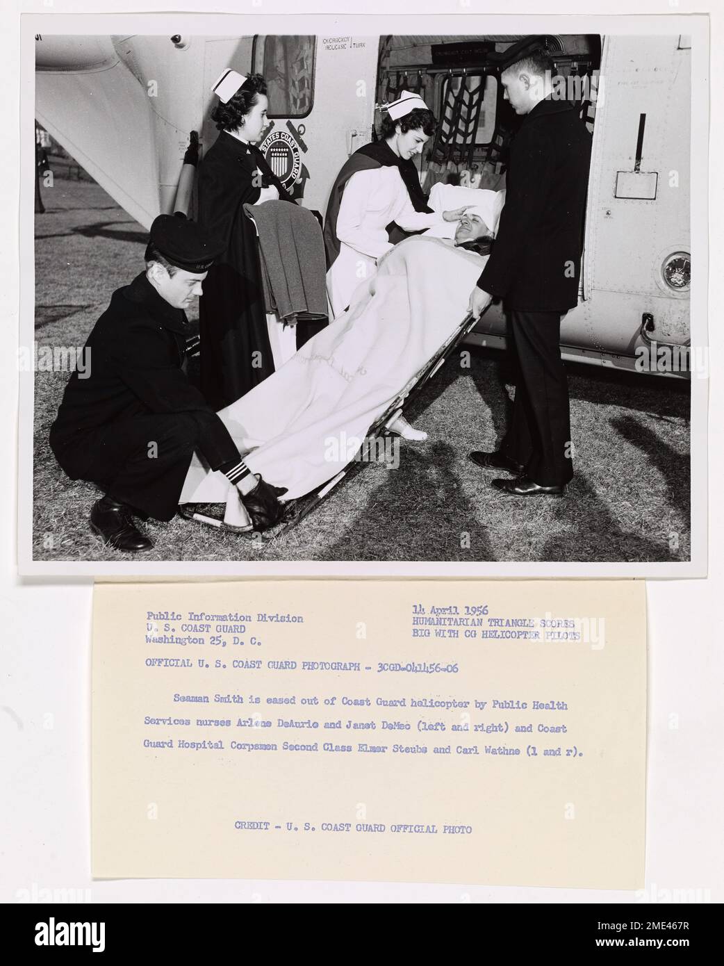 Rescue of Seaman Smith. This image depicts a description of the transfer of Seaman John Smith to a hospital by nurses Arlene DeAurie and Janet DeMeo and Coast Guard corpsmen Elmer Steubs and Carl Wathne. Stock Photo