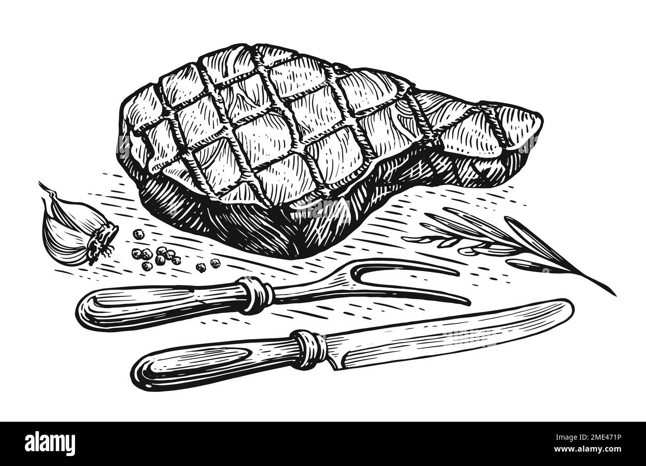 Freshly grilled steak with knife and fork. Cooking beef meat, barbecue. Hand drawn sketch illustration Stock Photo