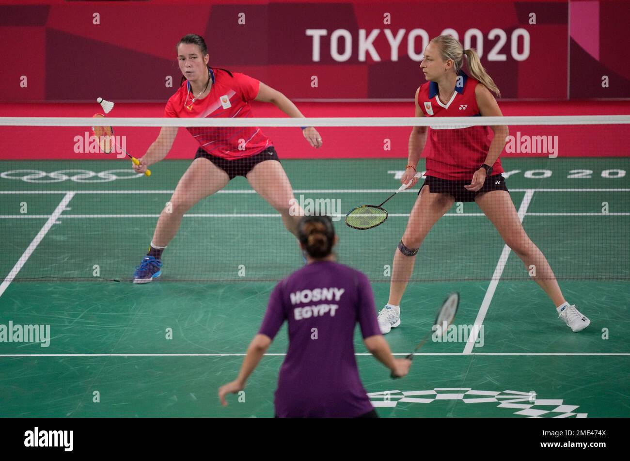 Selena Piek and Cheryl Seinen of Netherlands compete against Egypt's Doha  Hany and Hadia Hosny during women's doubles Badminton match at the 2020  Summer Olympics, Monday, July 26, 2021, in Tokyo, Japan. (