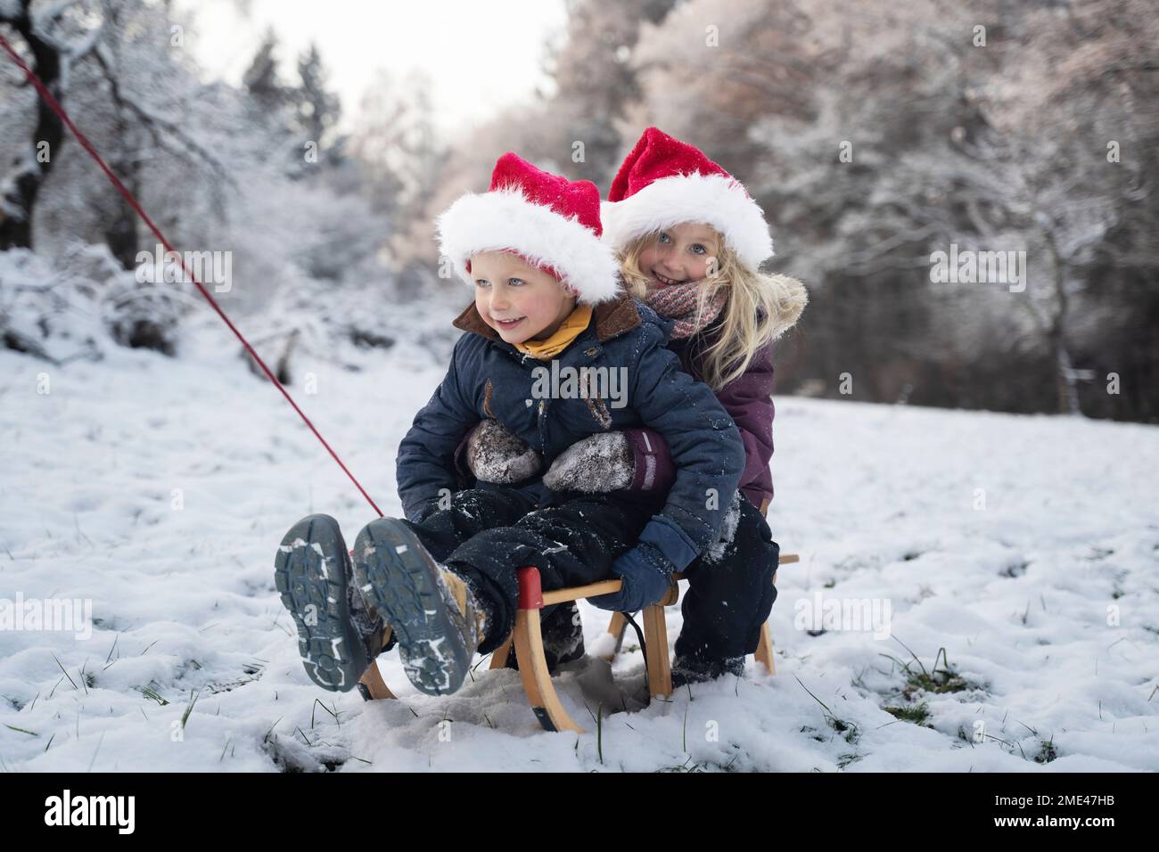 Smiling brother and sister sitting on sled in snow Stock Photo - Alamy