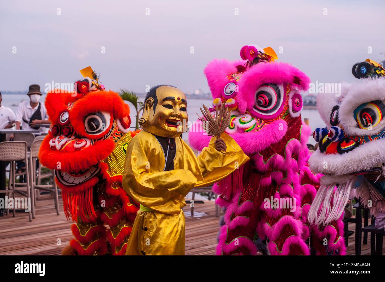 Lion dancing at a skybar for Chinese New Year, "Year of the Rabbit