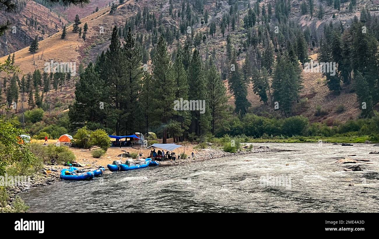 Campsite on the Middle Fork Salmon River in Idaho with Far and Away Adventures. Stock Photo
