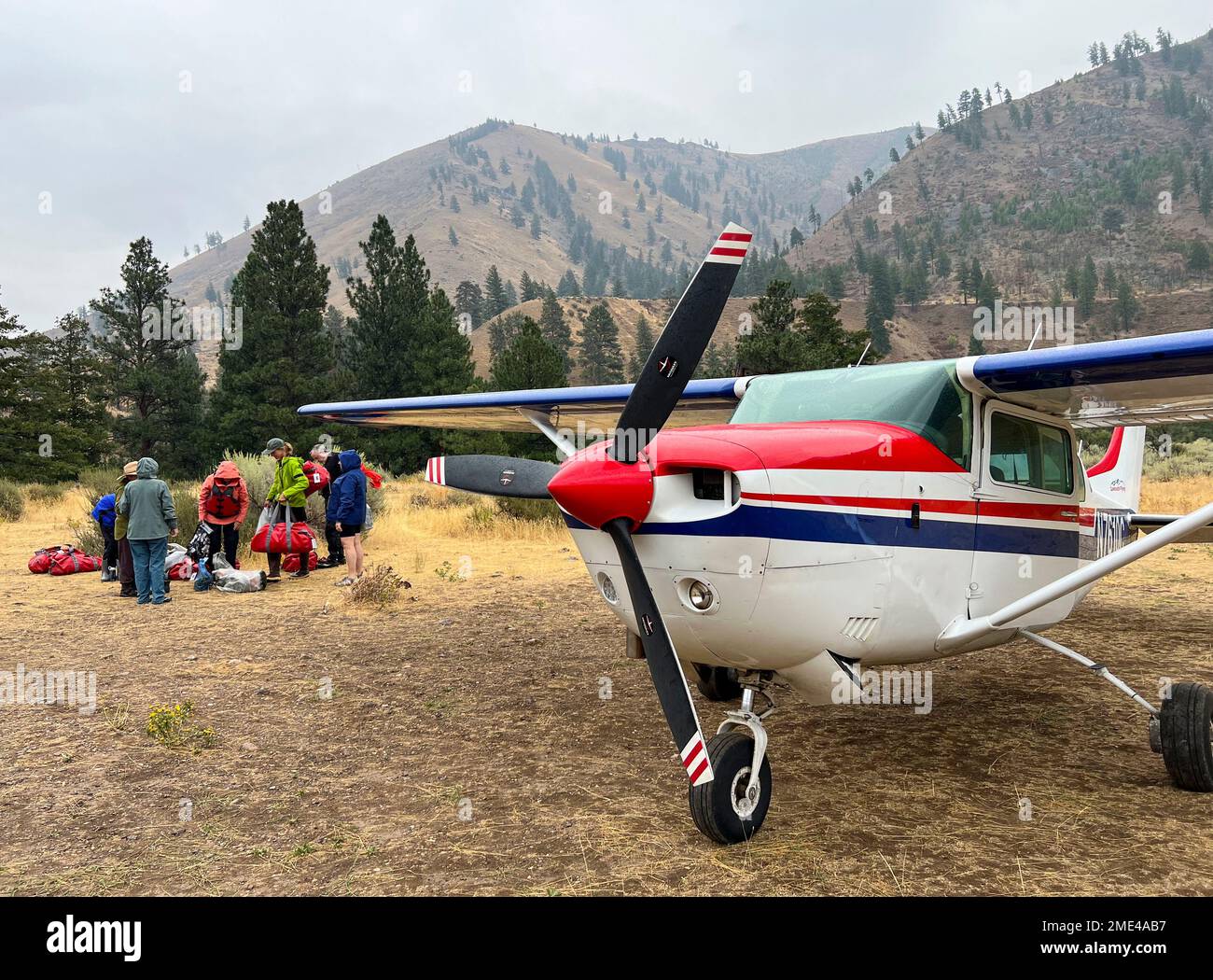Sawtooth Flying airplane at Little Creek put-in on the Middle Fork Salmon River, Idaho. Stock Photo