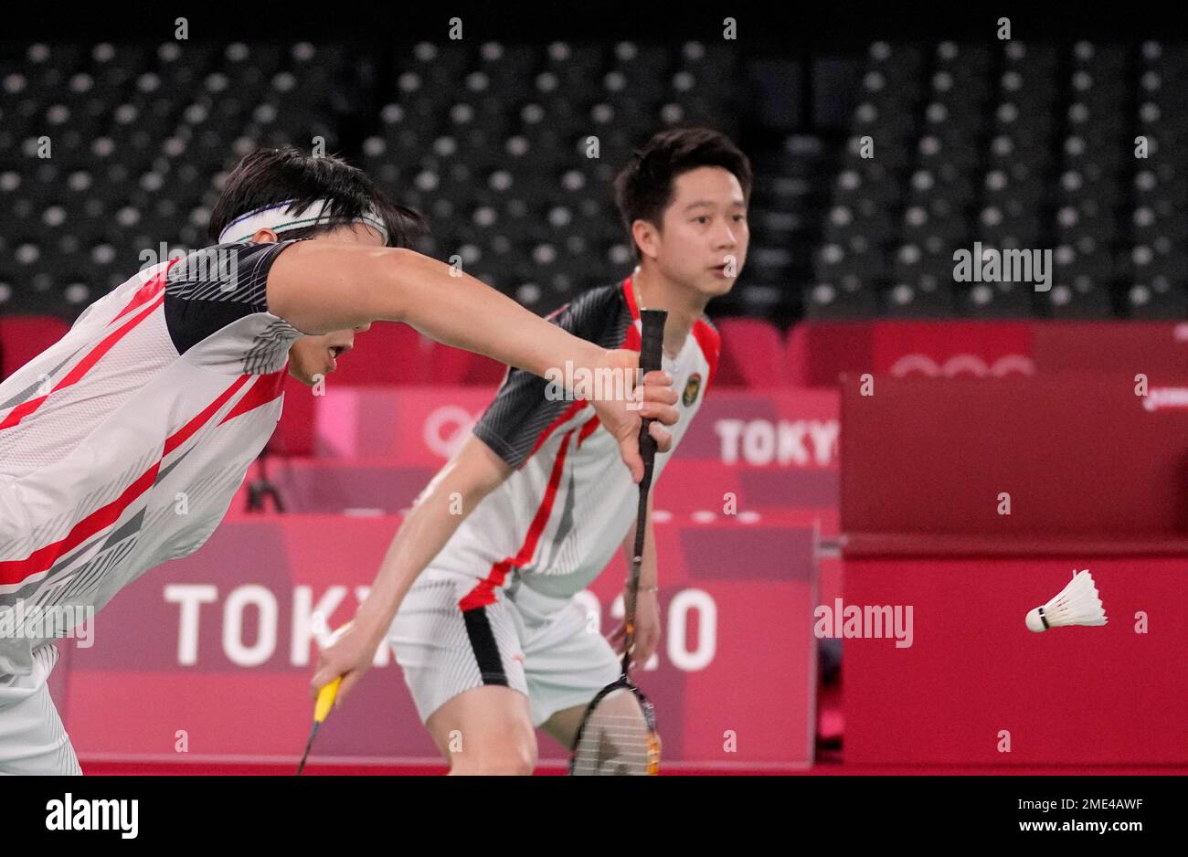 Indonesias Marcus Gideon and Kevin Sanjaya Sukamuljo play against Indias Satwiksairaj and Chirag Shetty during their mens doubles group play stage badminton match at the 2020 Summer Olympics, Monday, July 26, 2021,
