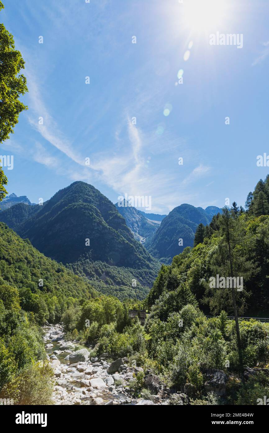 Switzerland, Ticino Canton, Sun shining over Lavizzara Valley in summer Stock Photo