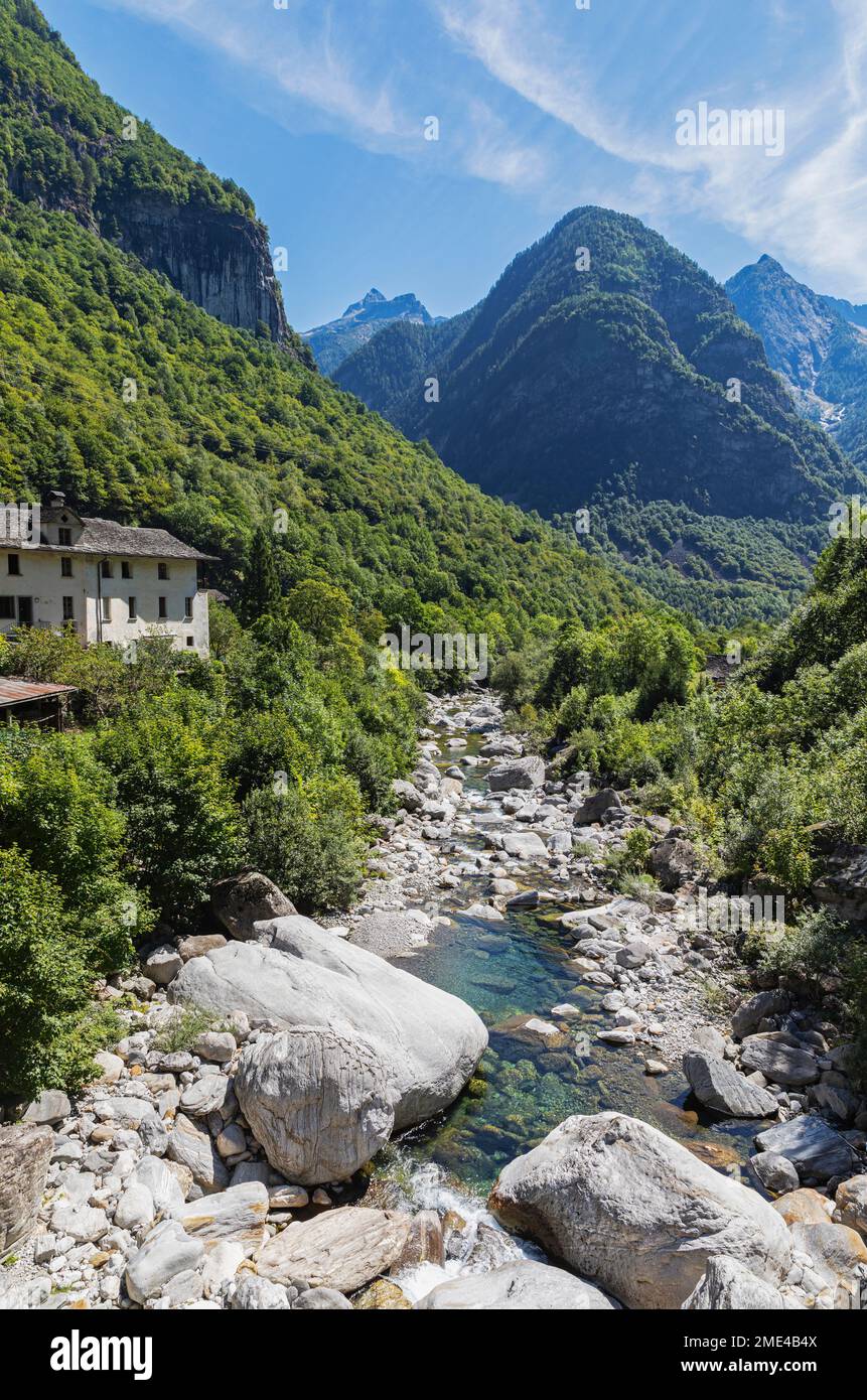Switzerland, Ticino Canton, Small stream flowing through Lavizzara Valley in summer Stock Photo
